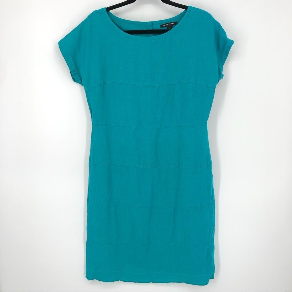 Banana Republic Dress Womens 12 Turquoise Blue 100% Linen Cap Sleeve Tier Stitch